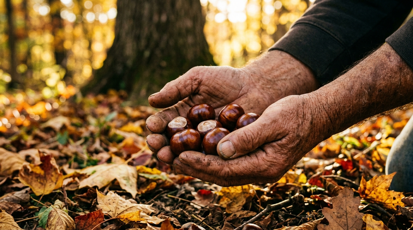 Weathered hands holding freshly fallen Ohio buckeye nuts