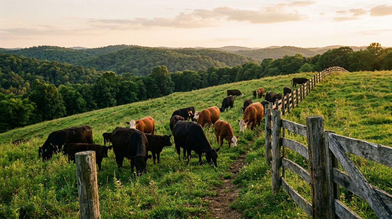 Cattle grazing along a wooden fence line on an Ohio hill farm