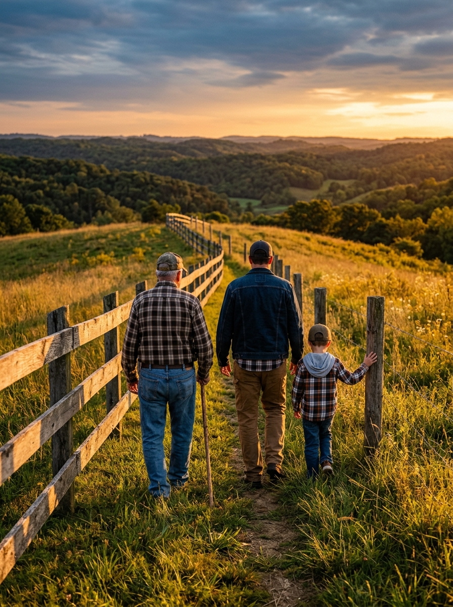 A family walking a fence line on a ridge farm at golden hour, seen from behind