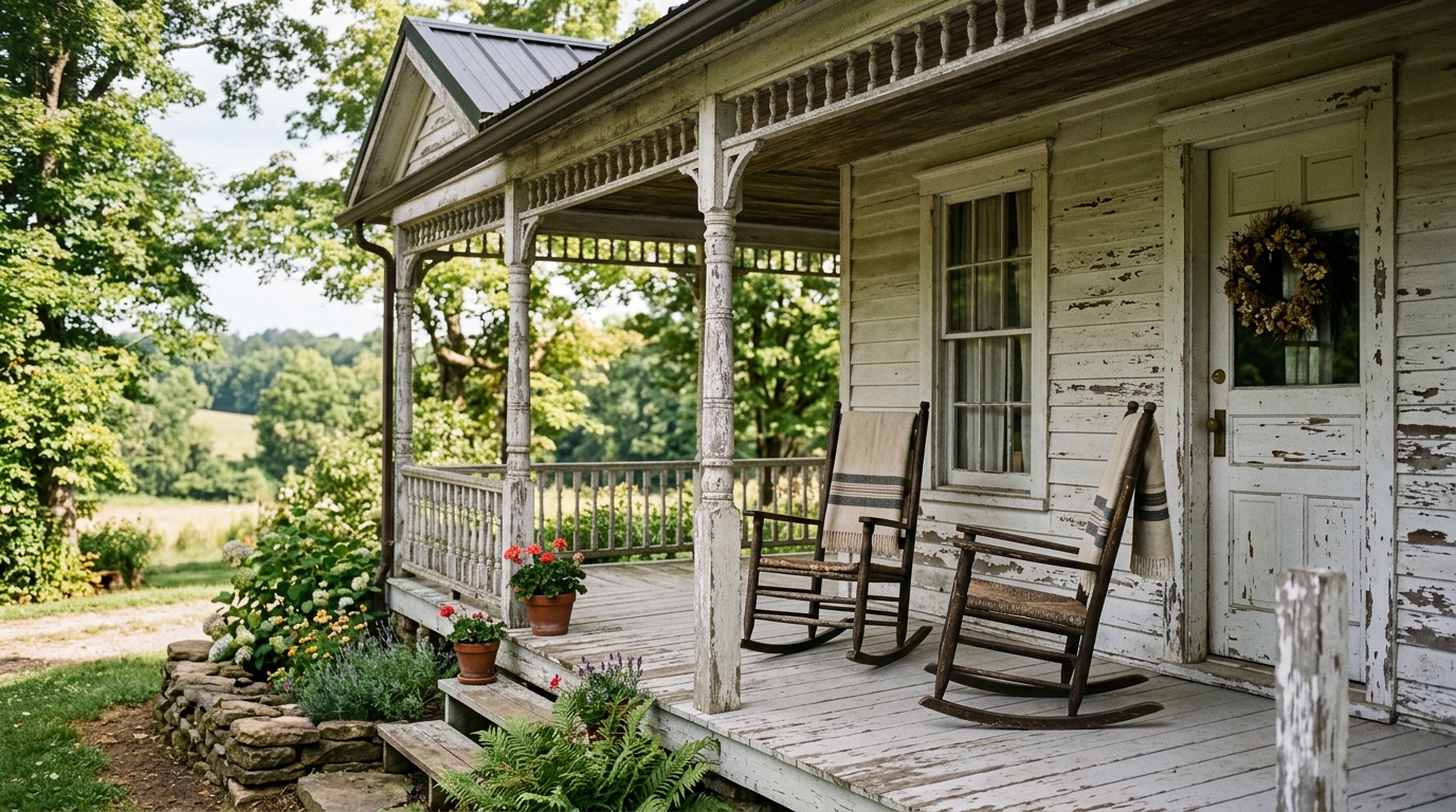 An old white farmhouse porch in morning light