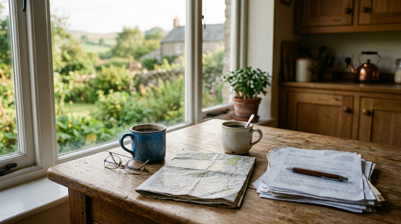 Coffee cups and paperwork on a farmhouse kitchen table by a window