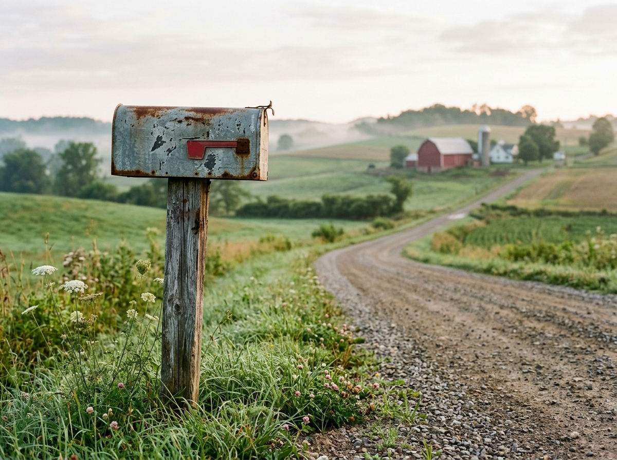 A rural mailbox on a gravel township road in eastern Ohio, farmland behind it