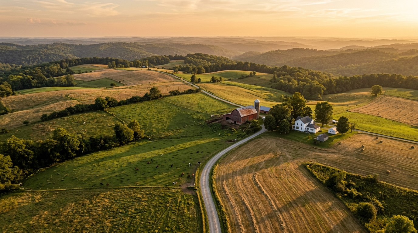Rolling eastern Ohio ridge farmland with hay bales and wooded hollows