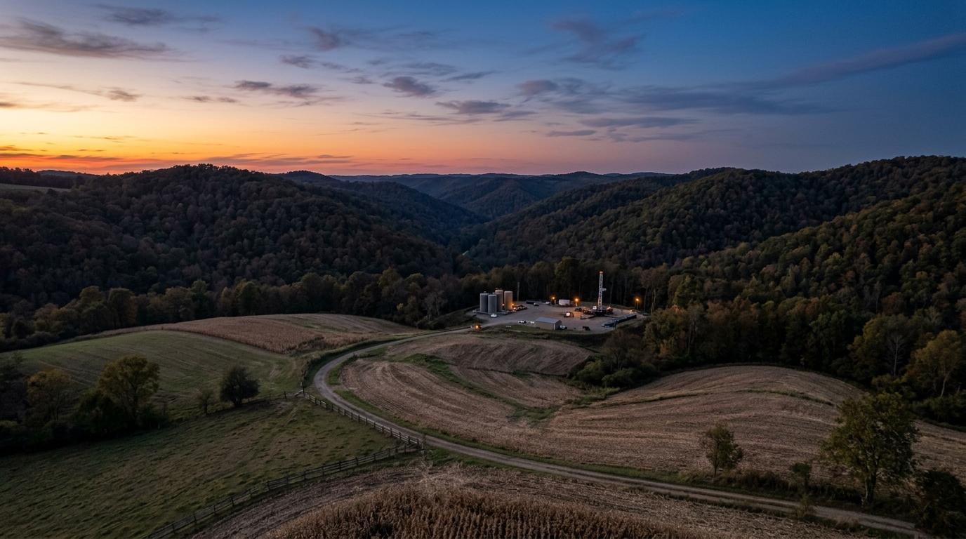 A distant natural gas well pad among eastern Ohio hills at dusk